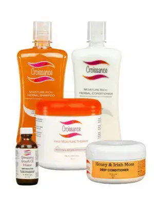 Croissance Ultimate Package. Hair Moisture Therapy, Stimulating Growth Oil Infusion, Moisture Rich Herbal Shampoo and Conditioner, Honey and Irish Moss Deep Conditioner