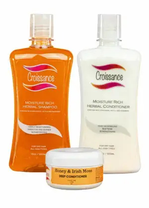 Croissance Wash and Steam Combo, with Moisture Rich Herbal Shampoo, Moisture Rich Herbal Conditioner, and Honey & Irish Moss Deep Conditioner.